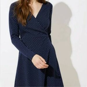 NWT LOFT Blue A-Line Long Sleeve Polka  Dot  Dress….660